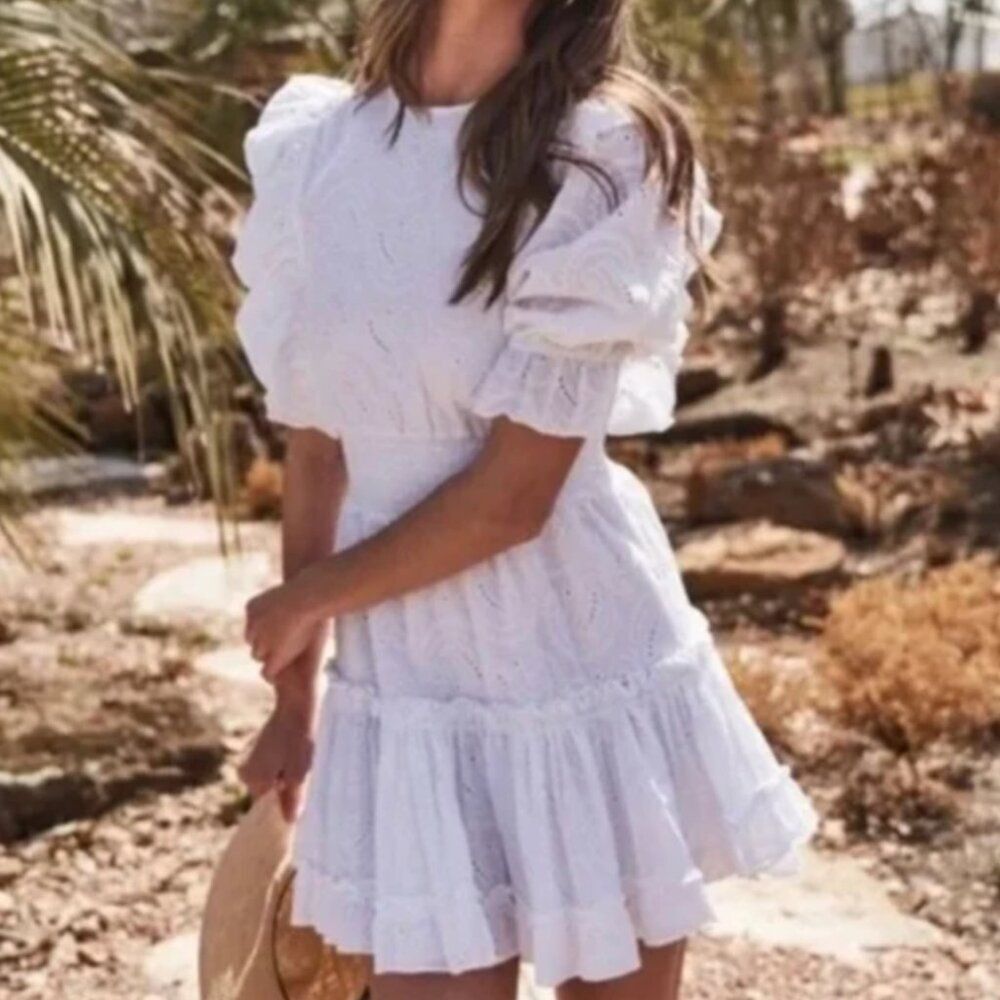 Misa Doutzen Dress eyelet ruffle tiered mini womens White (xsmall) boho coquette